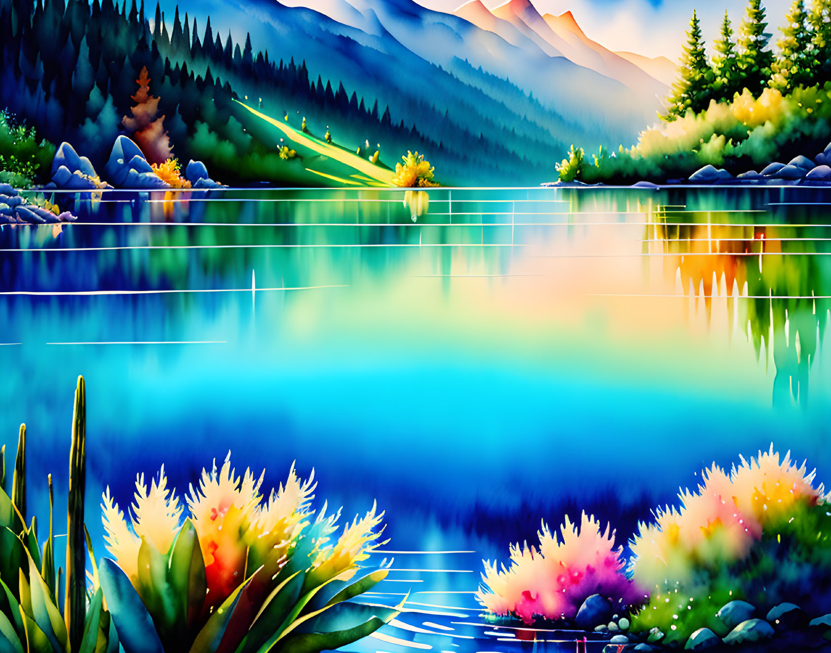 Digital artwork of serene mountain landscape with lake, colorful flora, and glowing fireflies.