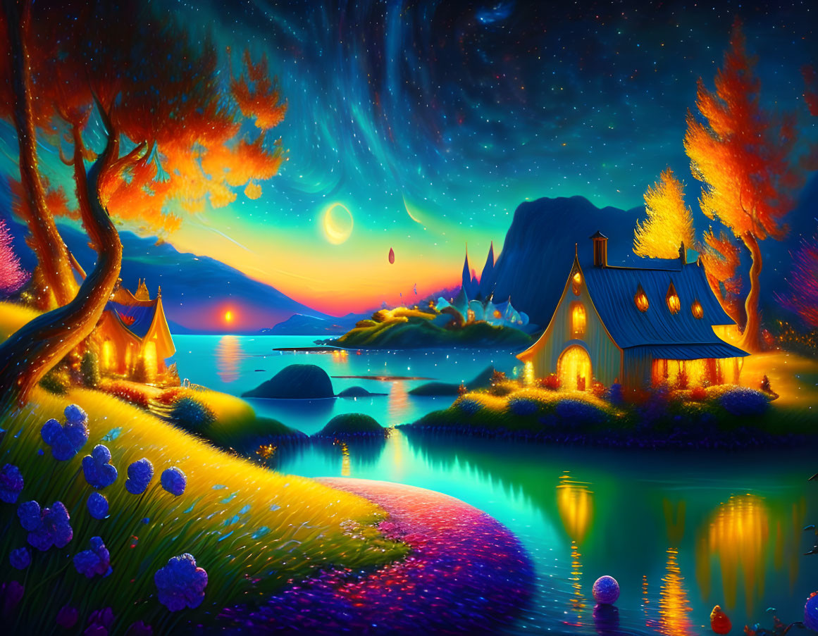 Colorful Fantasy Landscape: Glowing Cottage, Lake, Trees, Aurora Lights, Castle