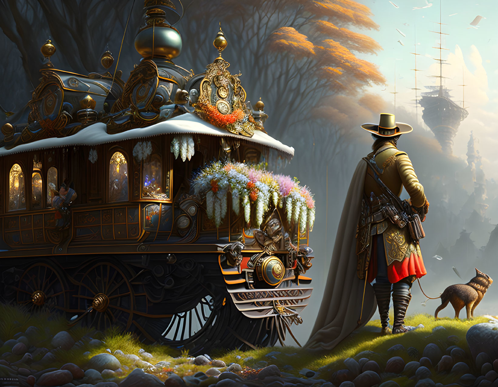 Person in hat and cloak with dog next to ornate carriage in foggy valley with floating ships and