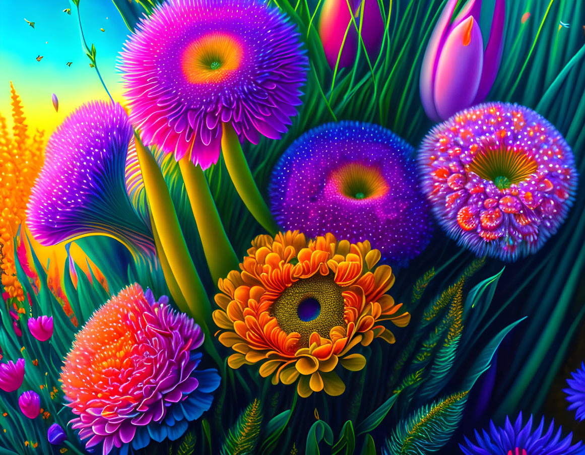 Colorful digital flower artwork with neon hues and intricate details.