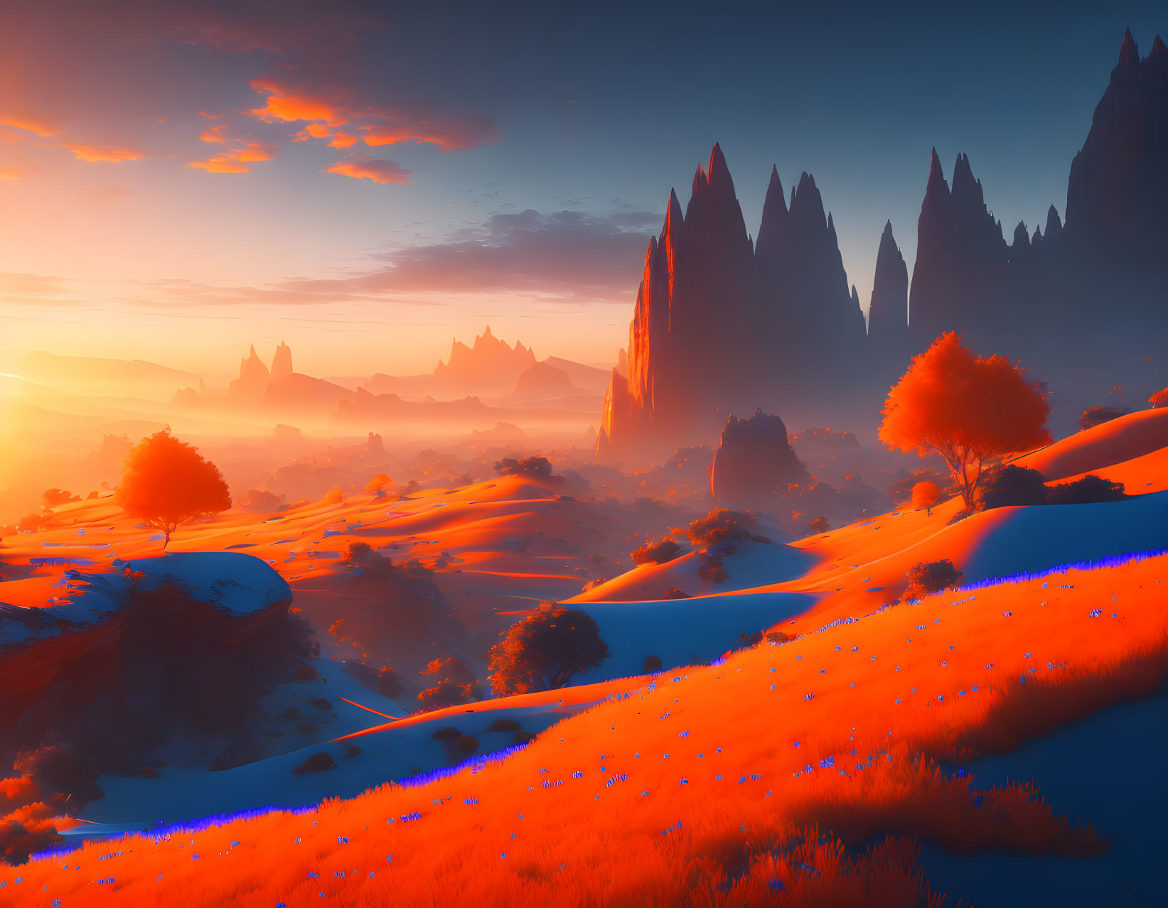 Colorful sunset fantasy landscape with mountains, blue flora, and autumn trees