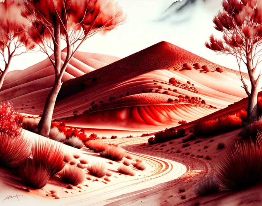 Red and White Stylized Landscape with Sand Dunes and Trees