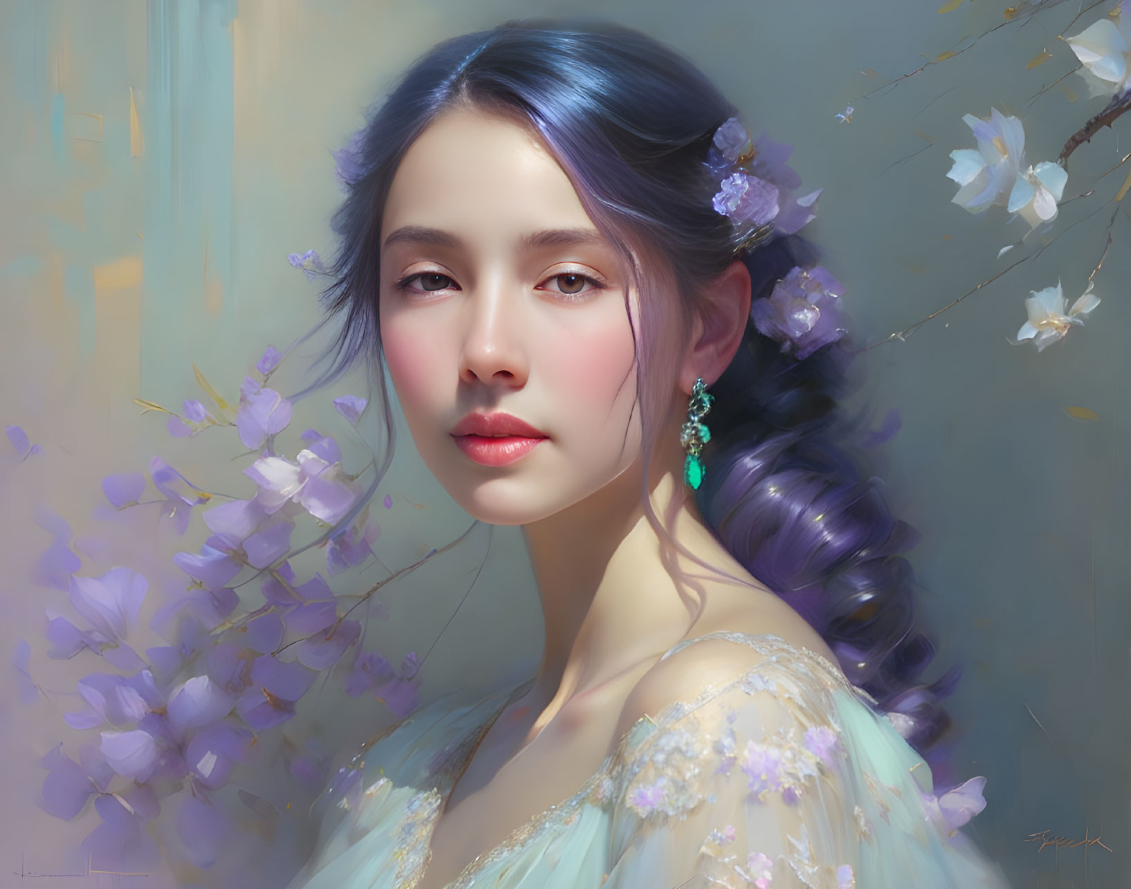 Serene woman portrait with pastel tones and floral accents