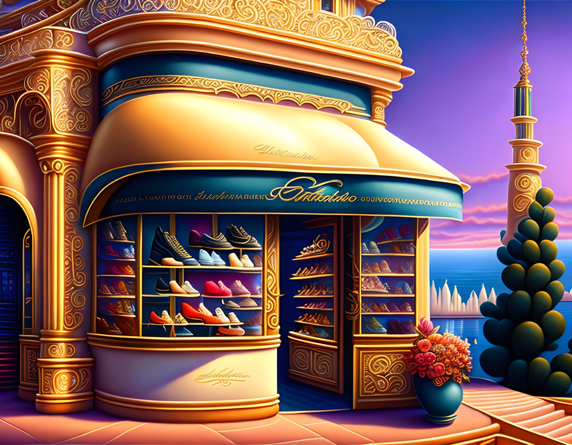 Golden shoe store facade with intricate design and colorful shoes against twilight sky.