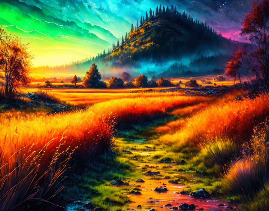 Colorful landscape: meadow, northern lights, mountain, stream