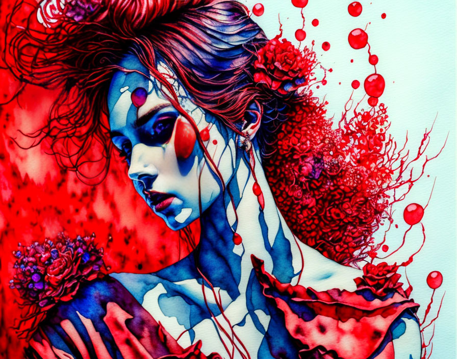 Fantasy-themed artwork featuring woman with blue skin and red hair surrounded by flowers