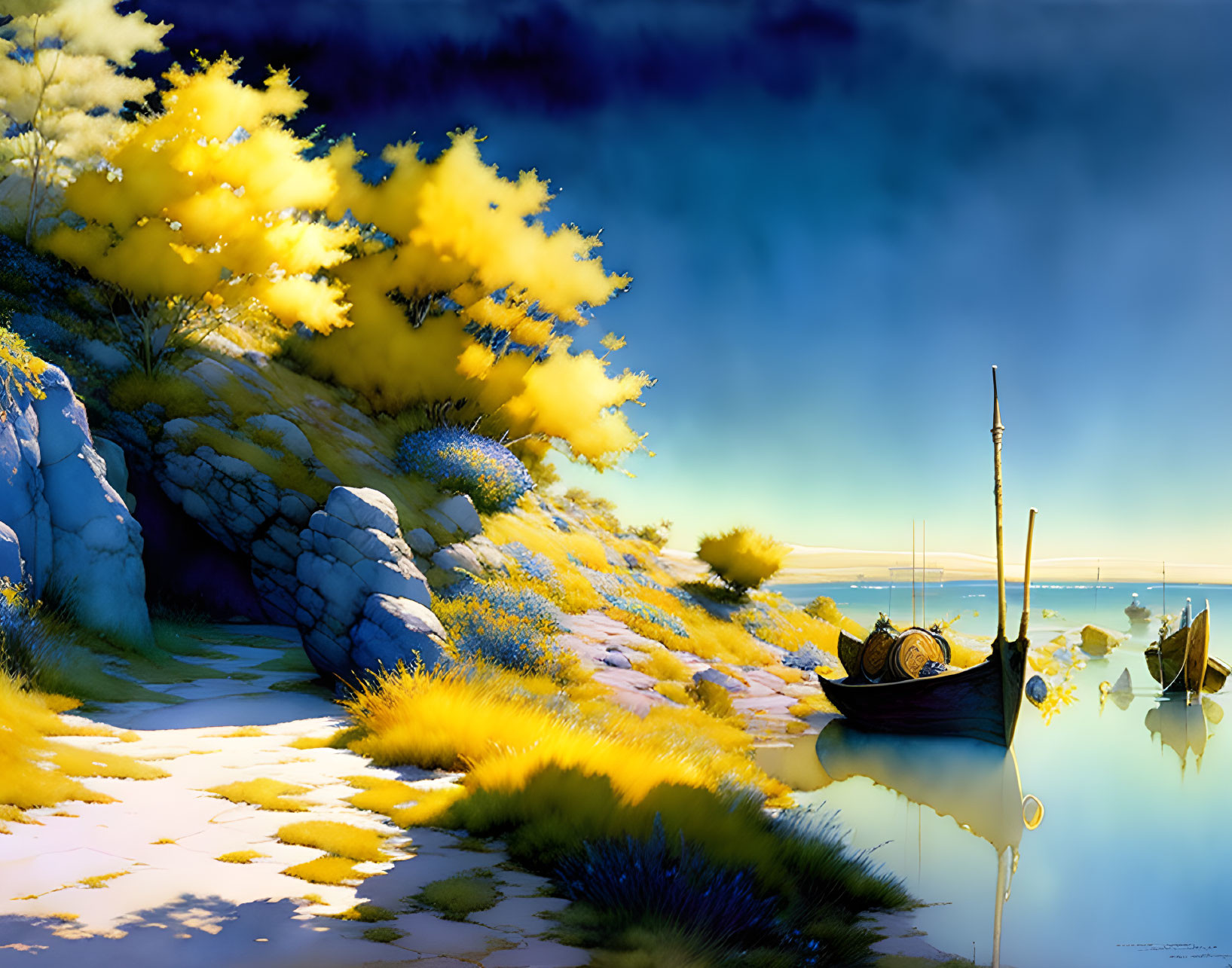 Tranquil digital art: serene lake, boat, yellow foliage, rocks, blue sky