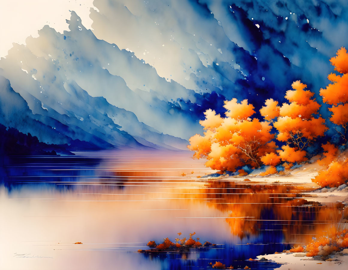Blue mountain range, orange autumn trees, tranquil lake in a dreamlike landscape