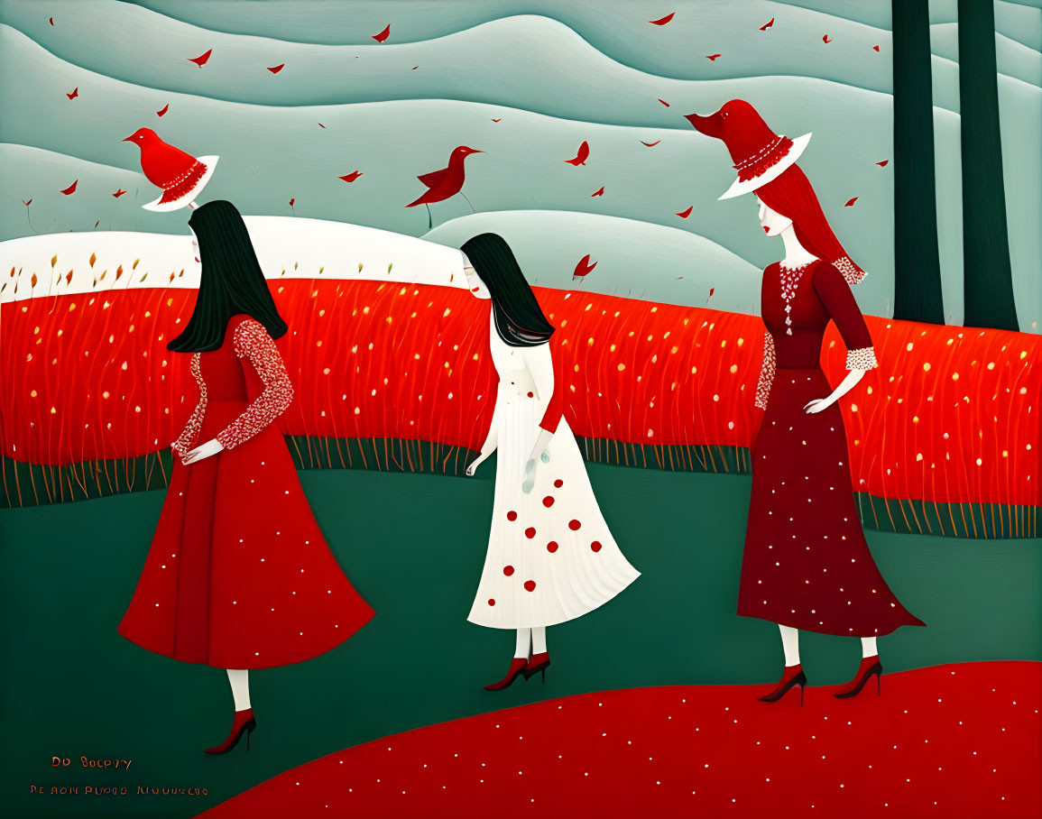 Stylized women in red dresses with polka dots on green background