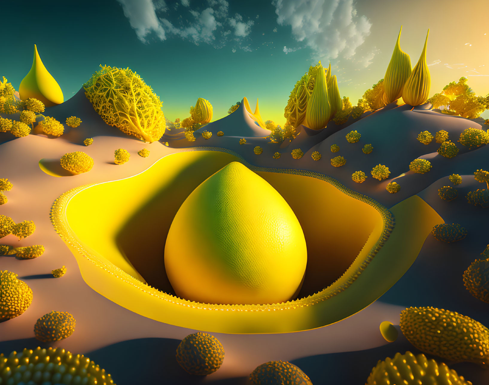 Surreal landscape with golden organic shapes under a blue sky