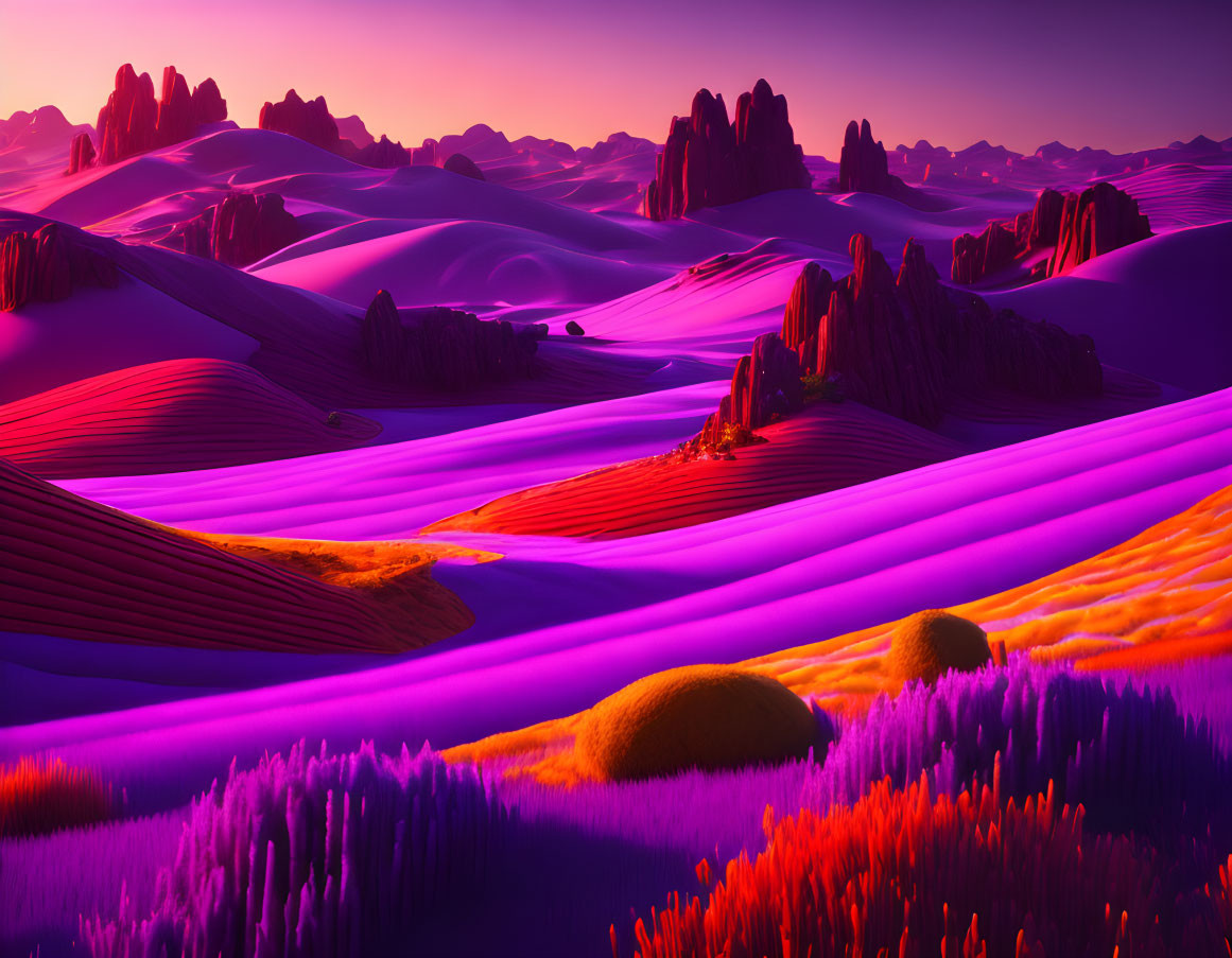 Vibrant surreal landscape: purple and pink sand dunes, rocky formations, colorful flora