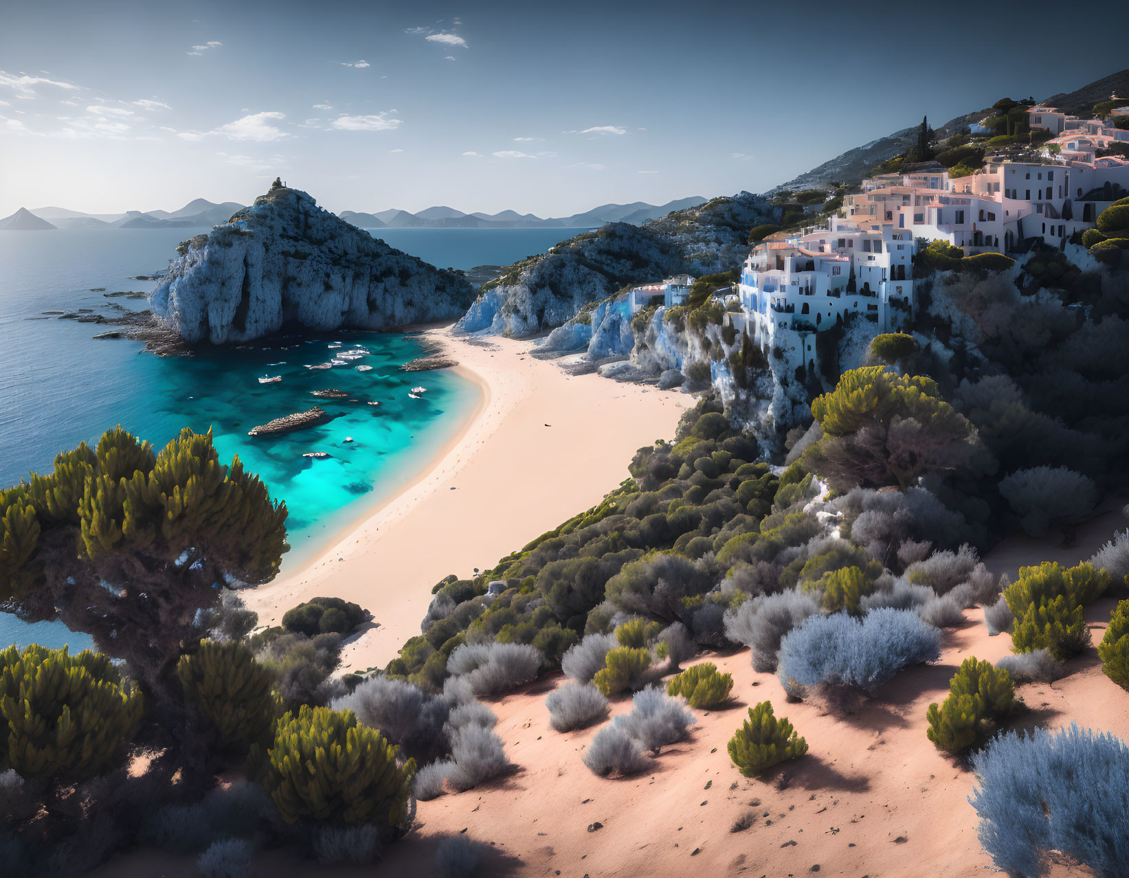 Sandy beach, turquoise waters, rocky outcrop, and white buildings on a cliff