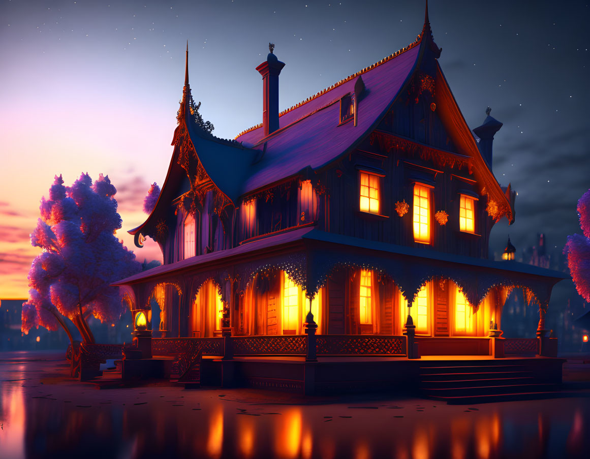 Victorian-style house illuminated at dusk with warm lights under starry sky