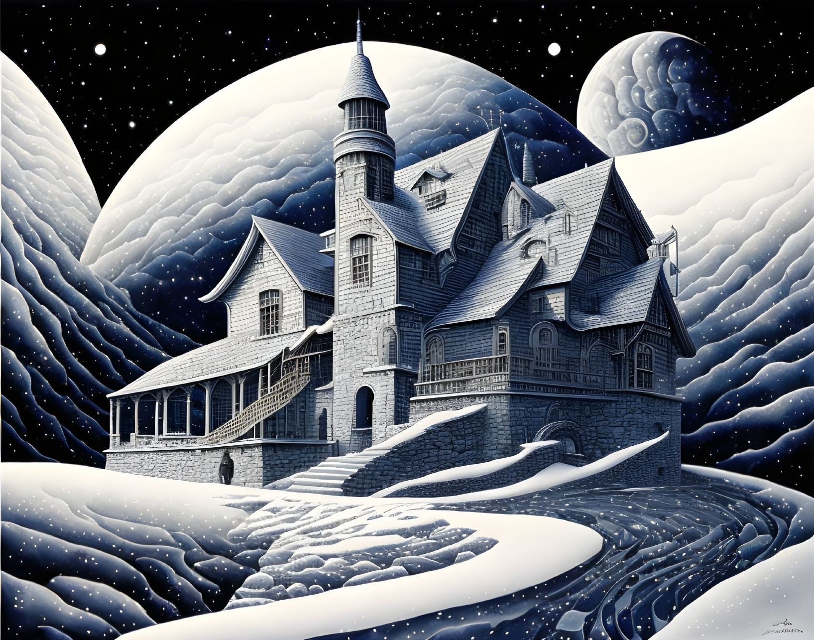 Fantasy-style mansion in snow-covered hills under starry night sky