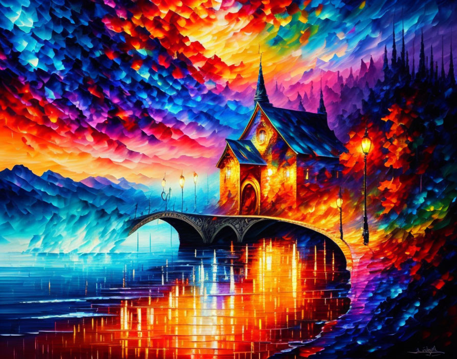 Colorful Painting: Quaint Church by Reflective Water and Bridge