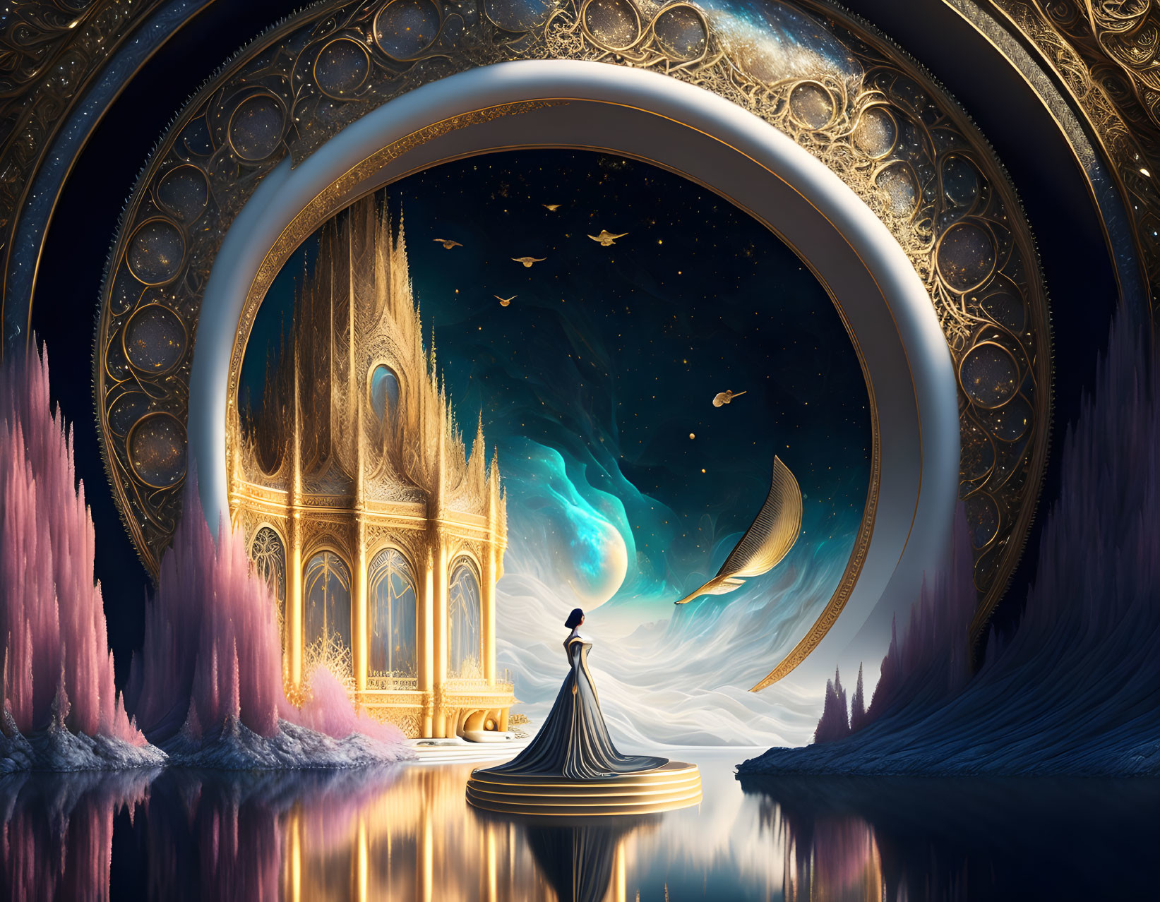 Person in long dress gazes at surreal starry sky in golden Gothic setting