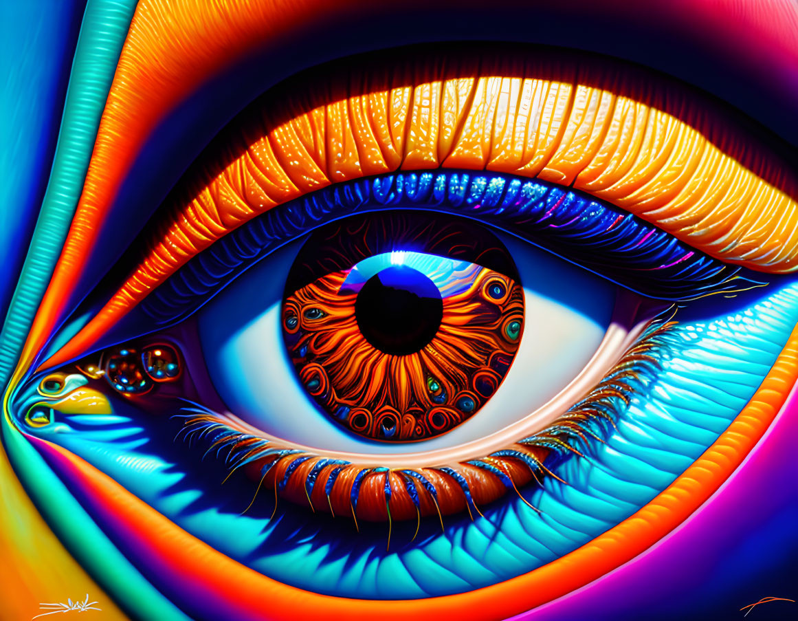 Colorful digital eye art with orange, blue, and purple hues