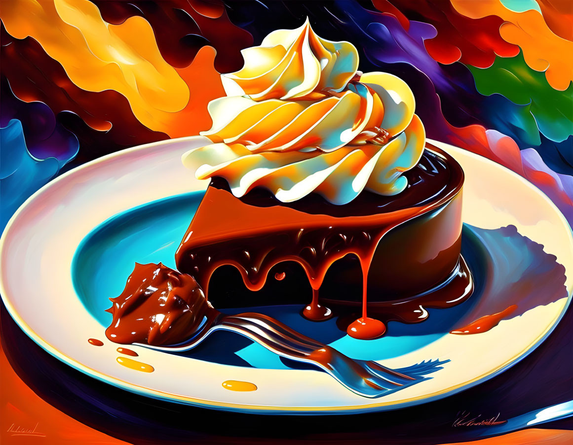 Colorful Chocolate Dessert Painting on Blue Plate with Abstract Background