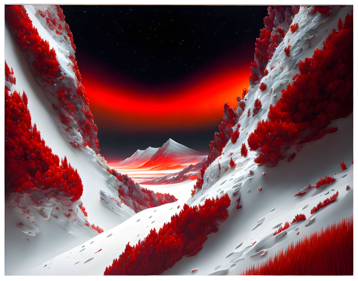 Surreal winter landscape with red-leafed trees and aurora lights