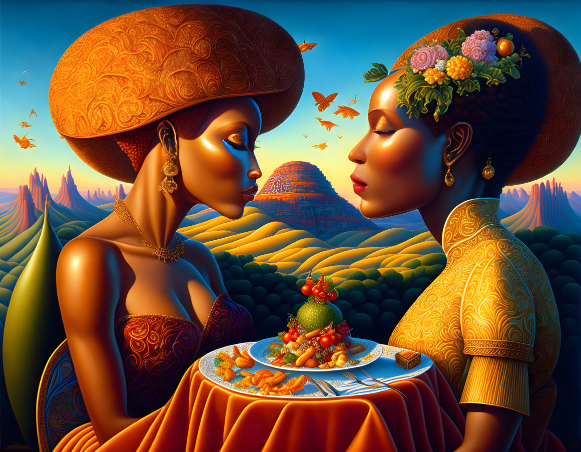 Stylized women with elaborate hairstyles in vibrant sunset landscape.