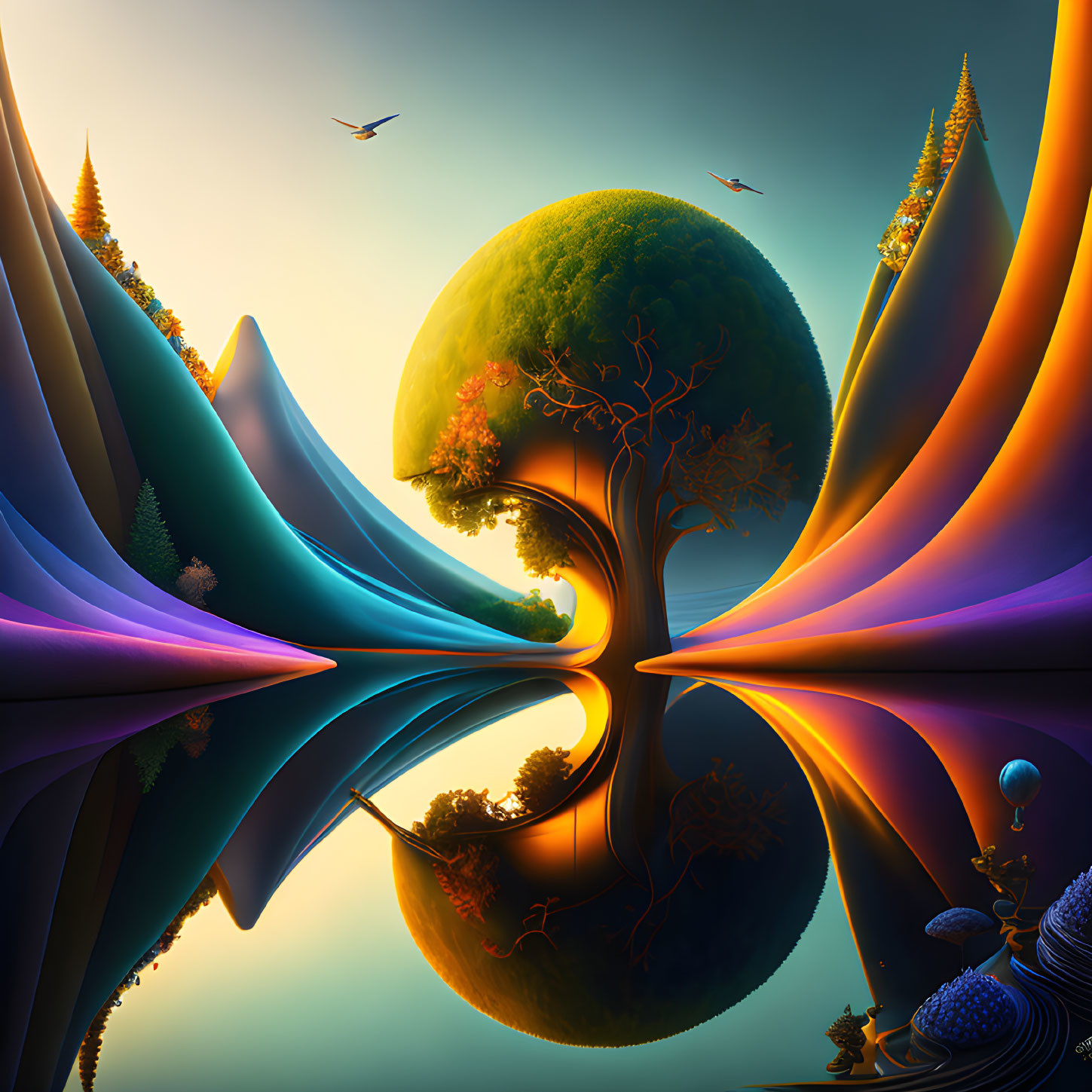 Colorful surreal landscape with central tree on mirrored water, flowing terrain, and flying birds under warm sky