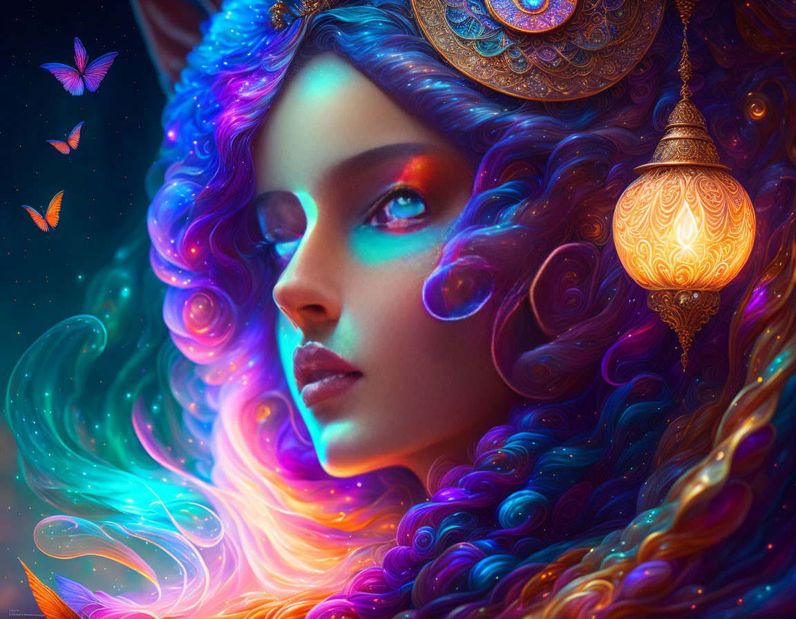 Colorful artwork of woman with flowing hair, butterflies, lantern, and jewelry