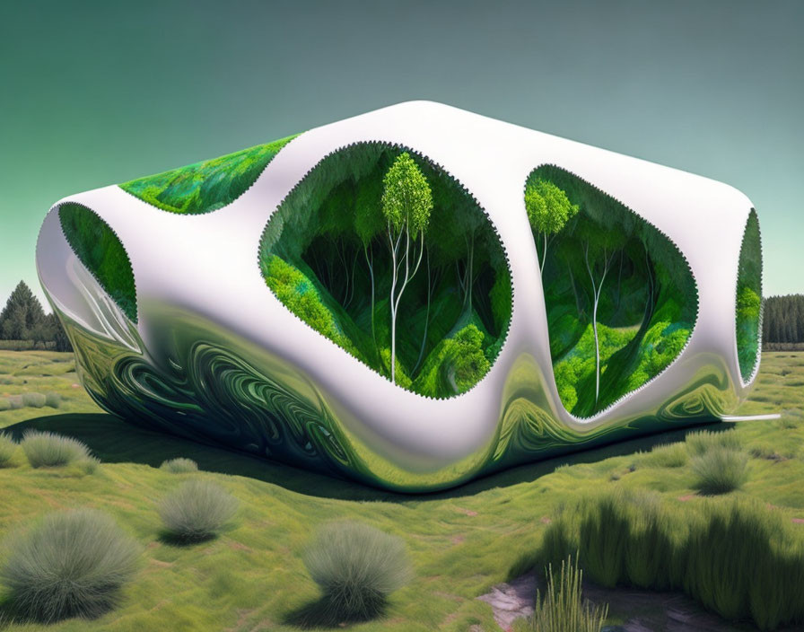 Futuristic building with wavy design and green spaces embedded within surrounded by nature