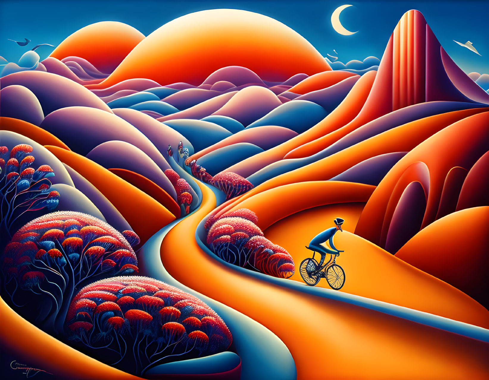 Surreal landscape with cyclist, orange hills, and crescent moon