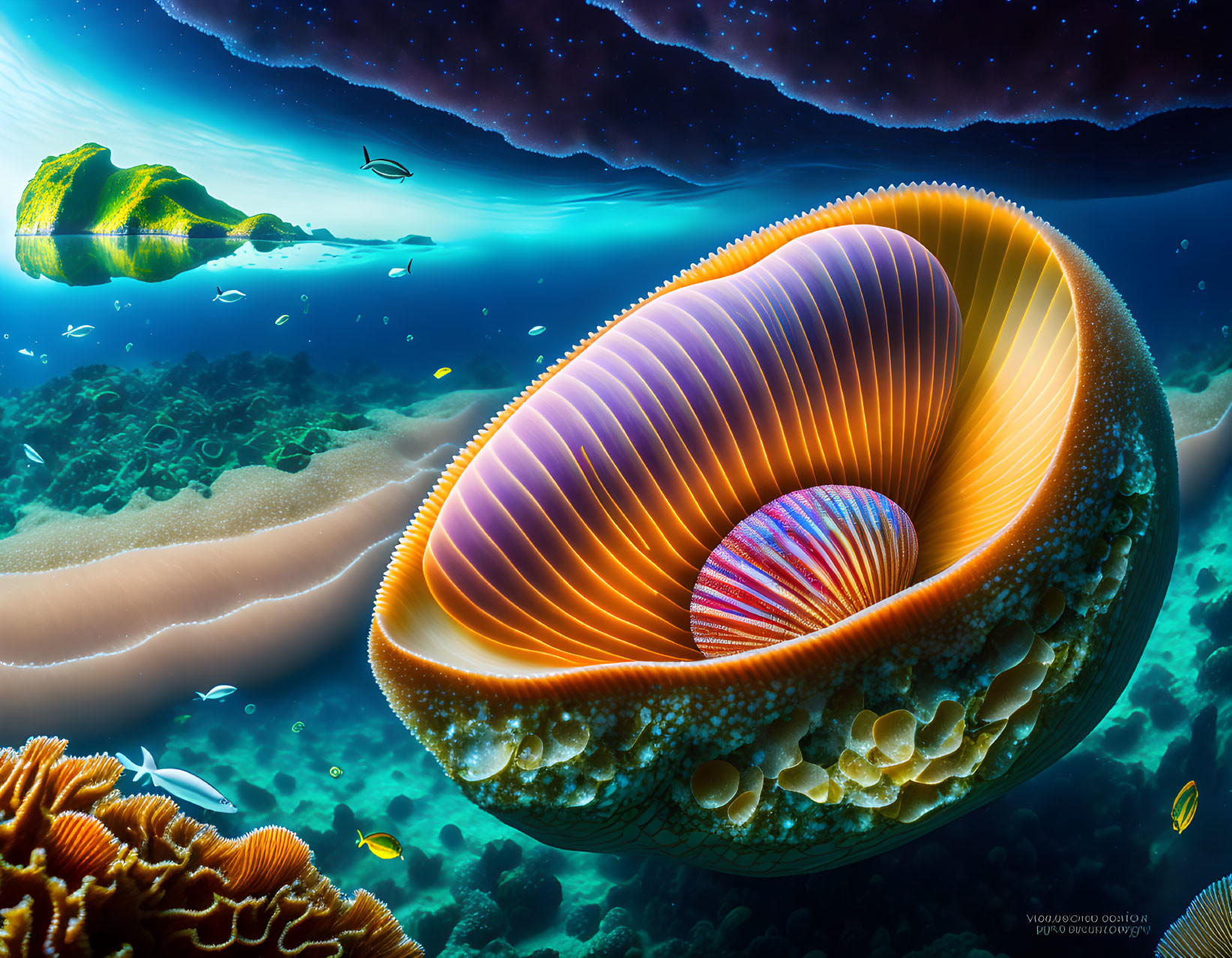 Surreal marine scene with colossal shell-like organism and fish