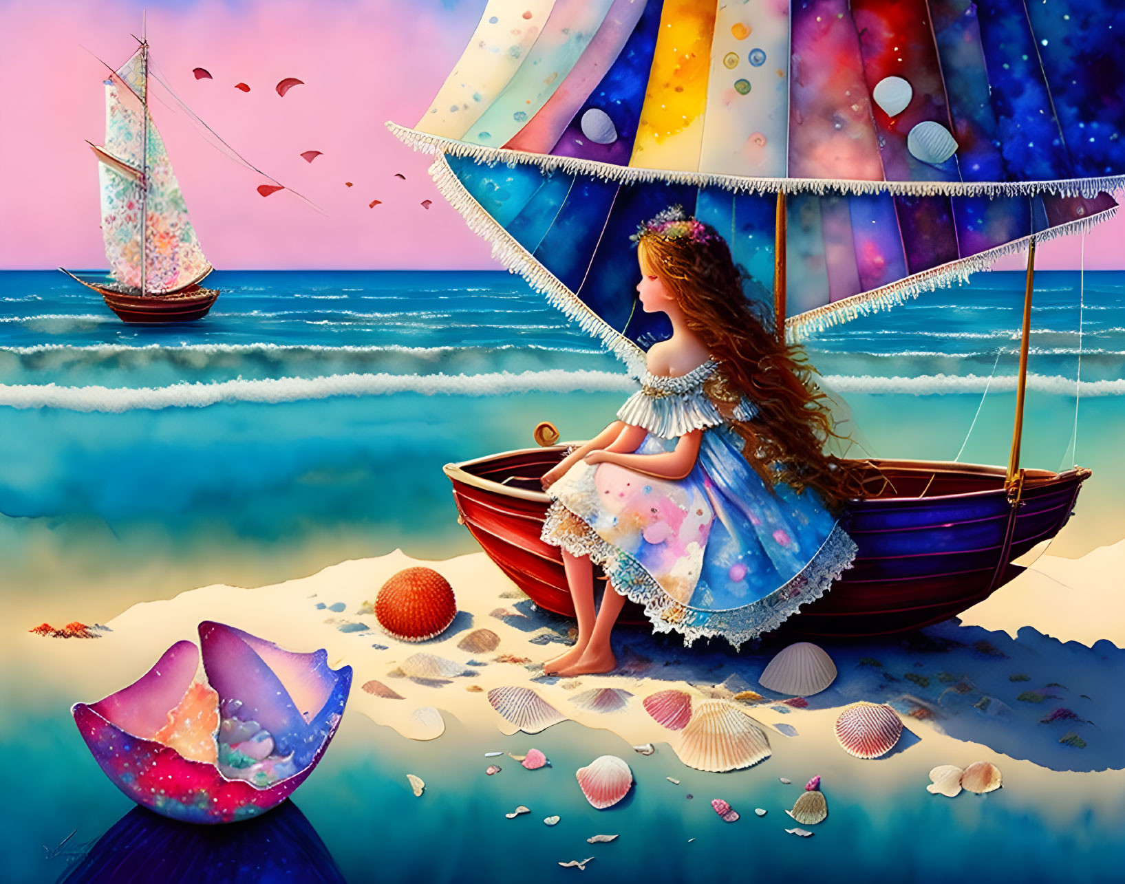 Colorful beach painting with girl in boat and umbrella