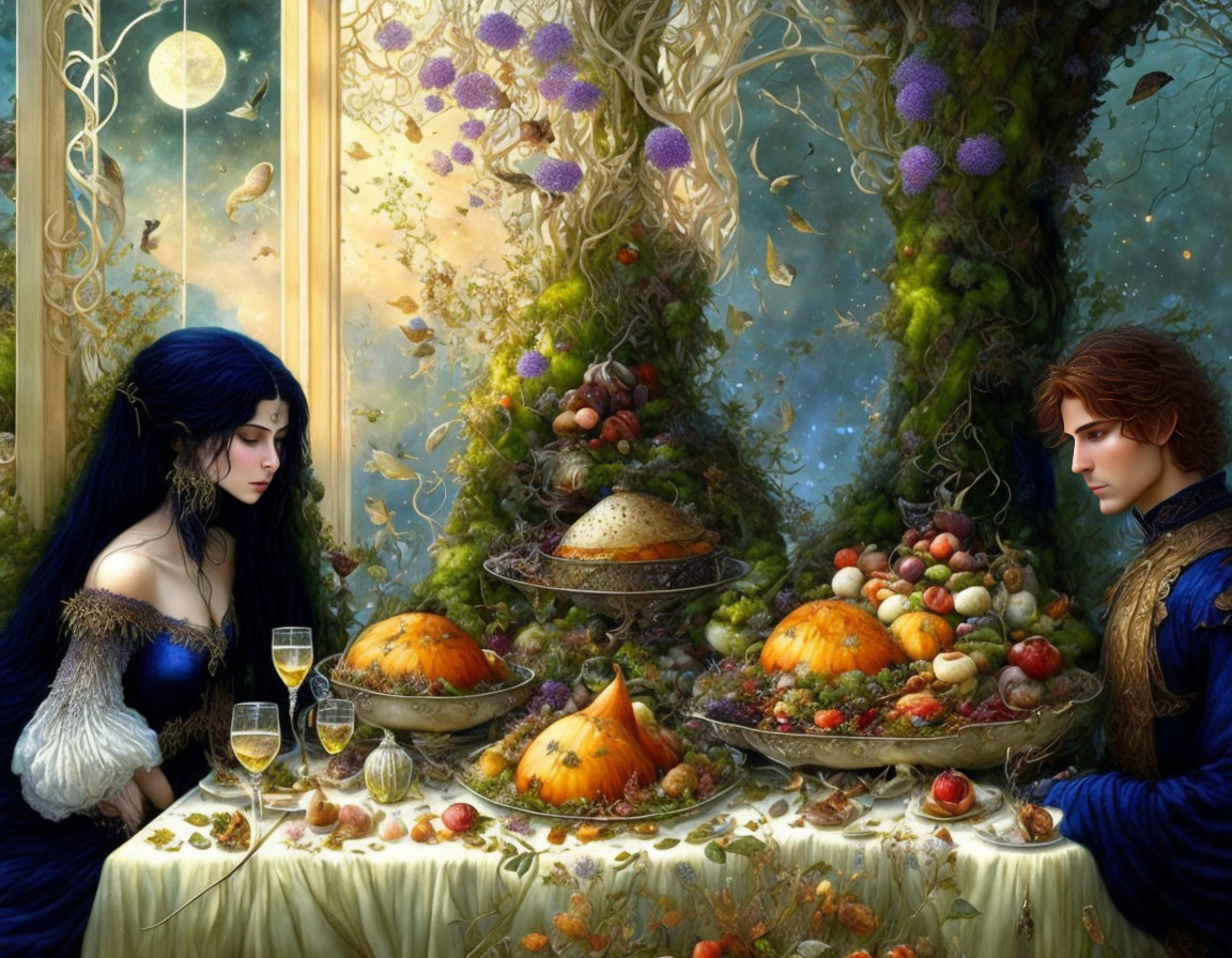 Ethereal characters in fantastical banquet amid lavish food and wildlife