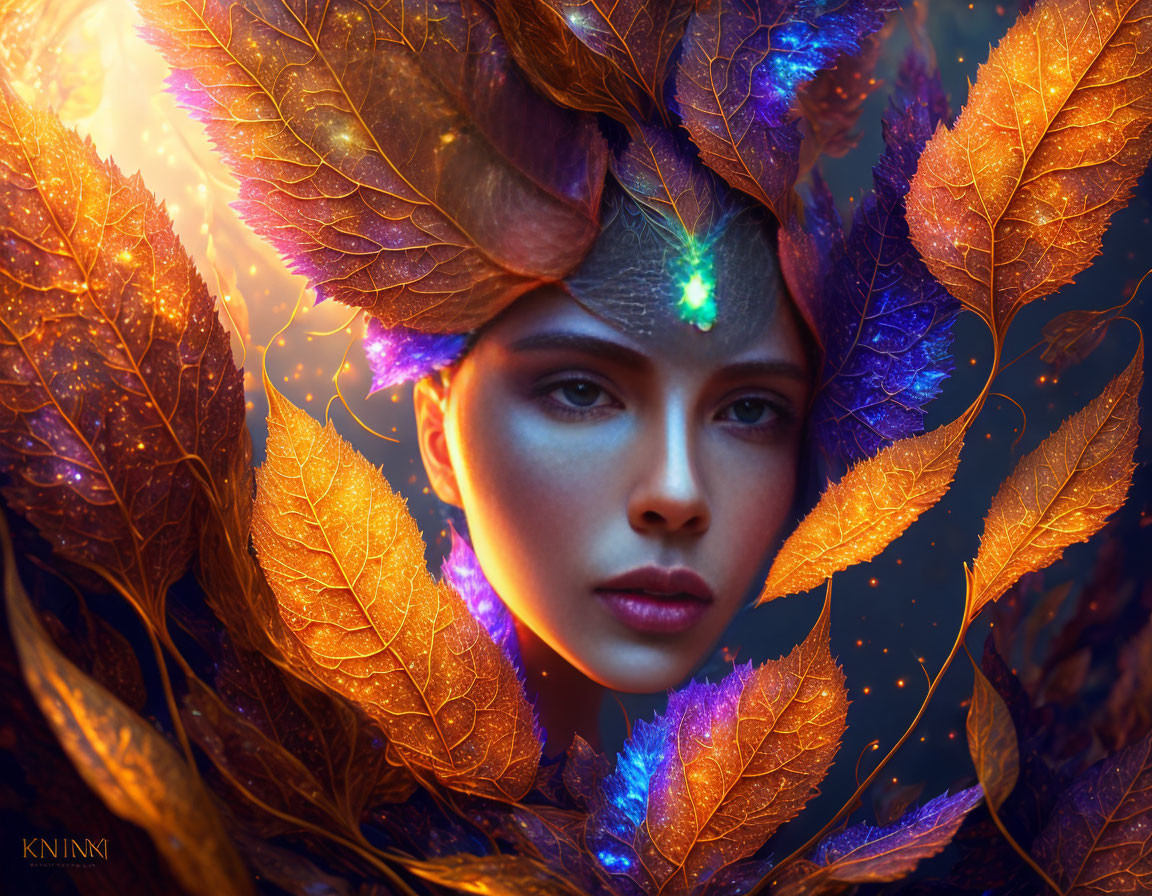 Surreal portrait of woman with glowing leaves and gem on forehead