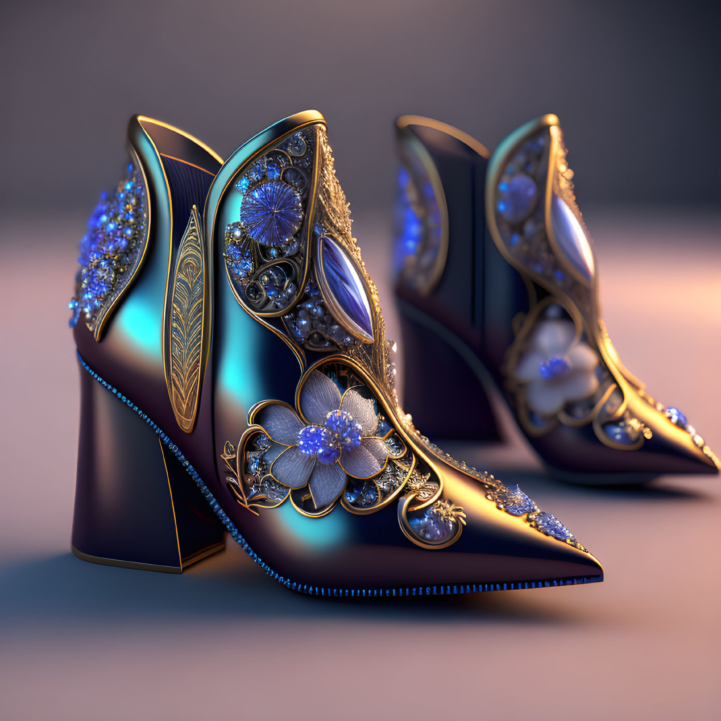 Intricate Gold Filigree High-Heeled Shoes with Sapphire Gemstones