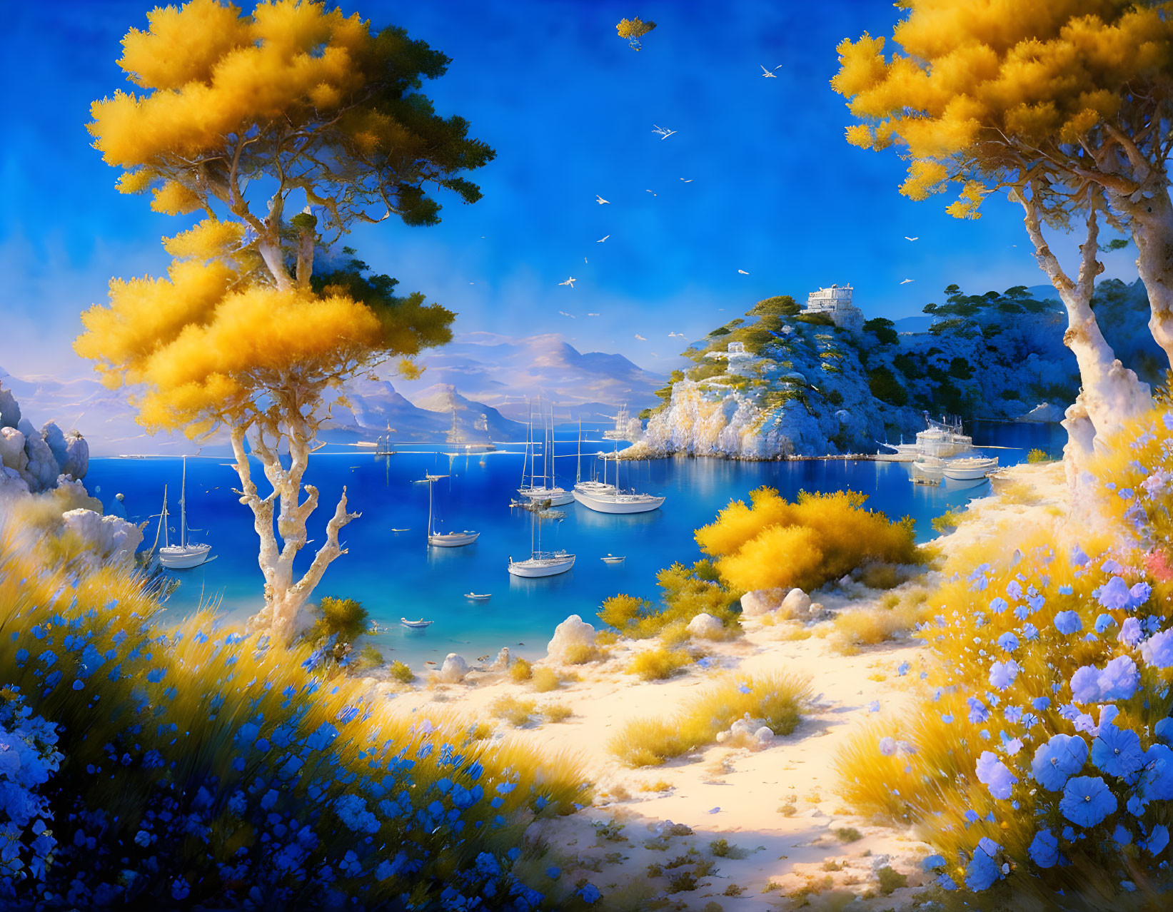 Golden Trees and Sailboats in Coastal Scene