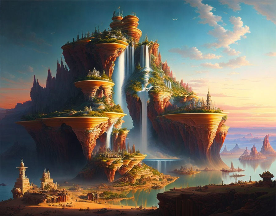 Fantastical landscape with floating islands and waterfalls