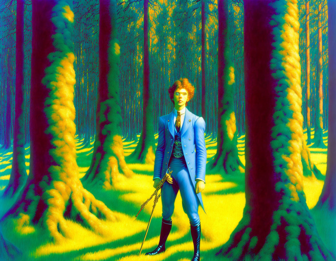 Surrealist forest scene with person in vintage outfit holding sword