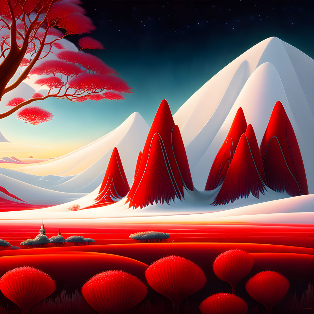 Surreal landscape with red foliage, white hills, and red river