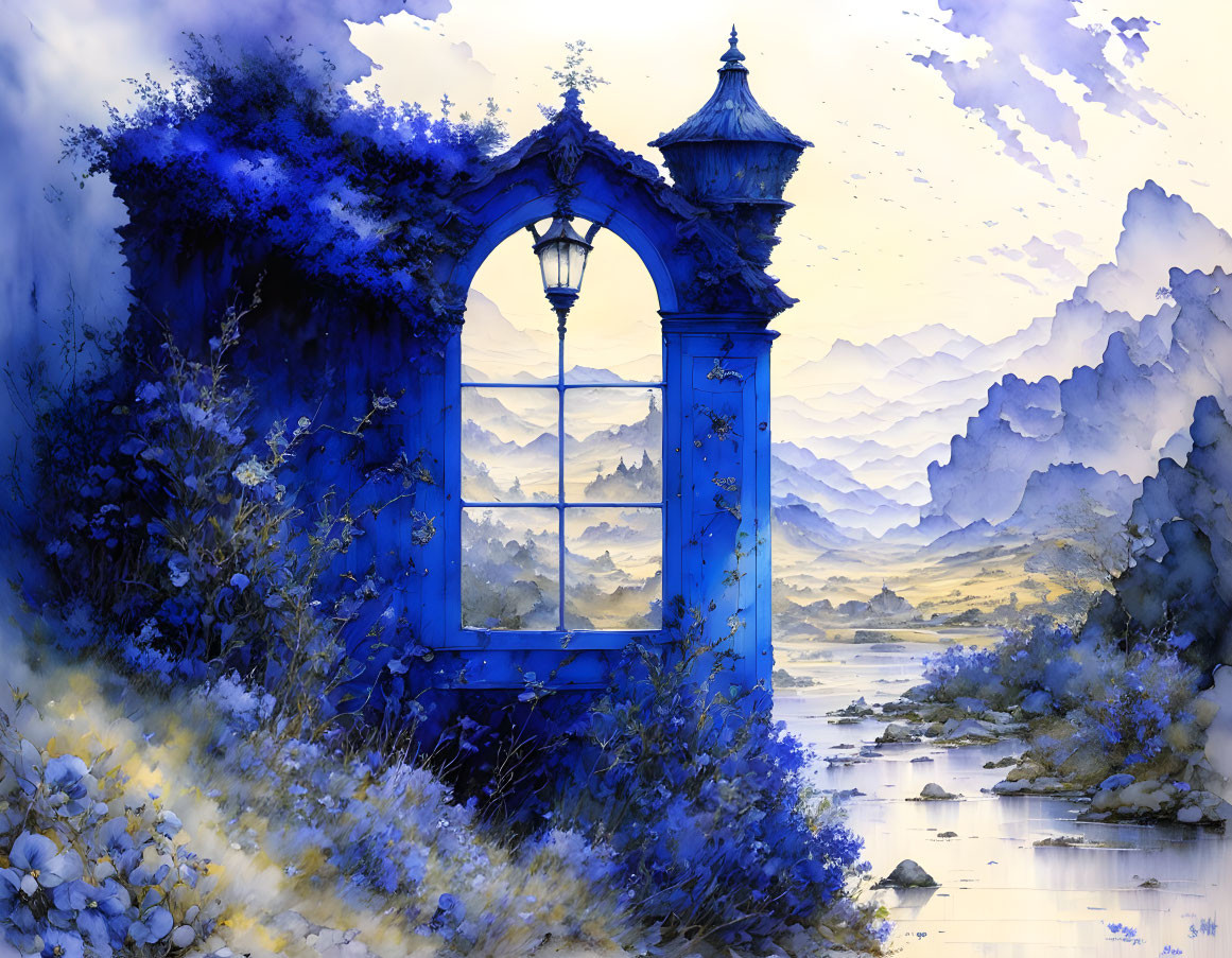 Blue Window Frame & Lamp Post in River Landscape