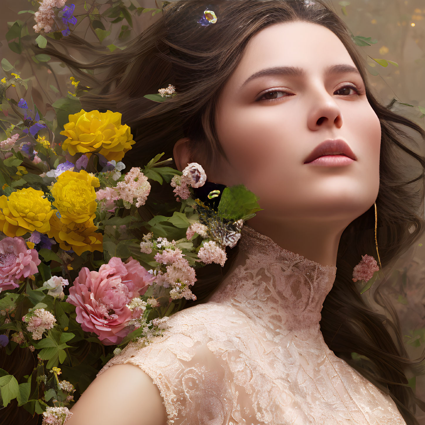 Serene woman with flowers, butterfly, and soft lighting