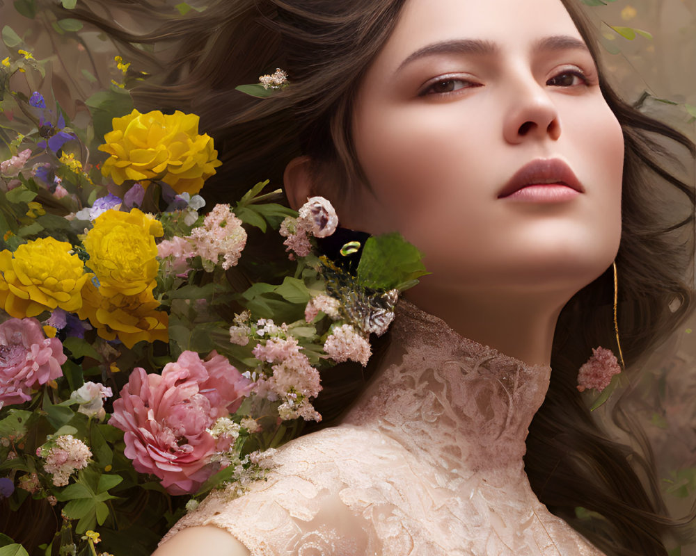 Serene woman with flowers, butterfly, and soft lighting