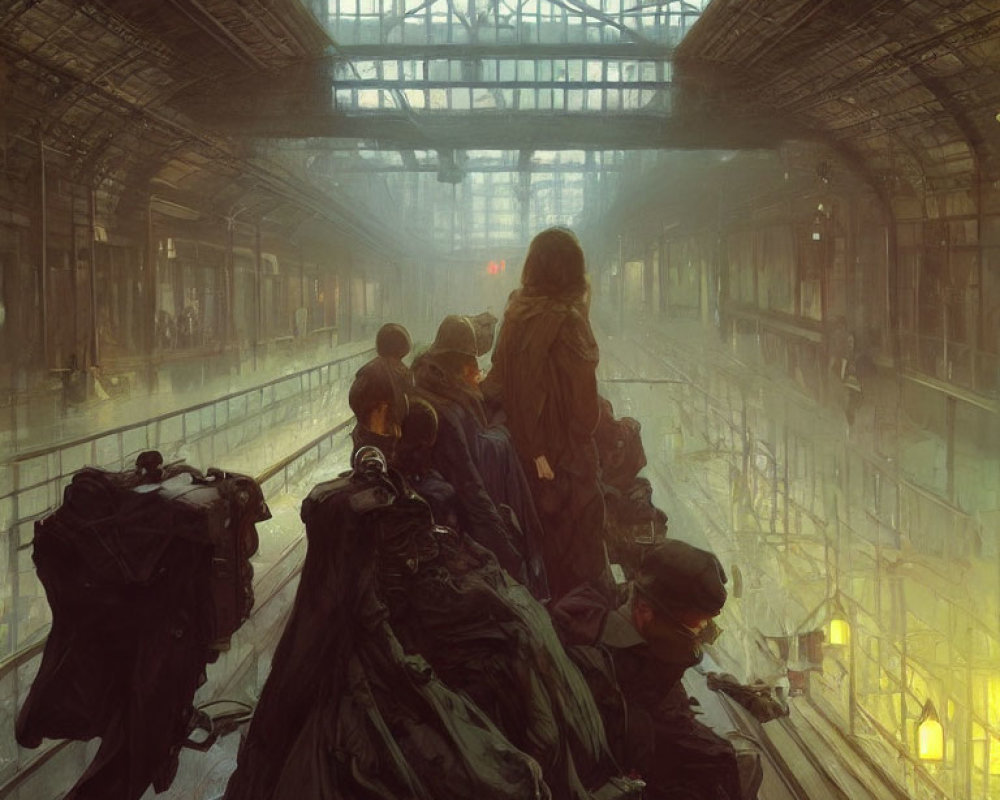 People in heavy coats on futuristic tram platform under glass ceiling in atmospheric glow