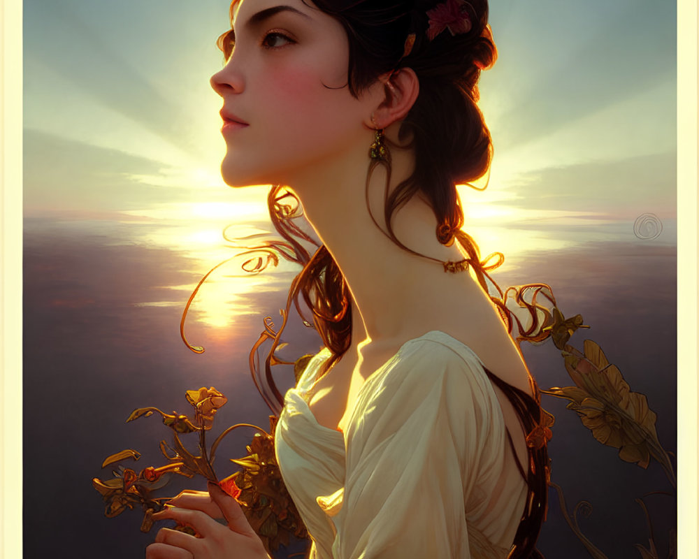 Digital artwork: Woman profile with hair accessories in golden sunset backdrop