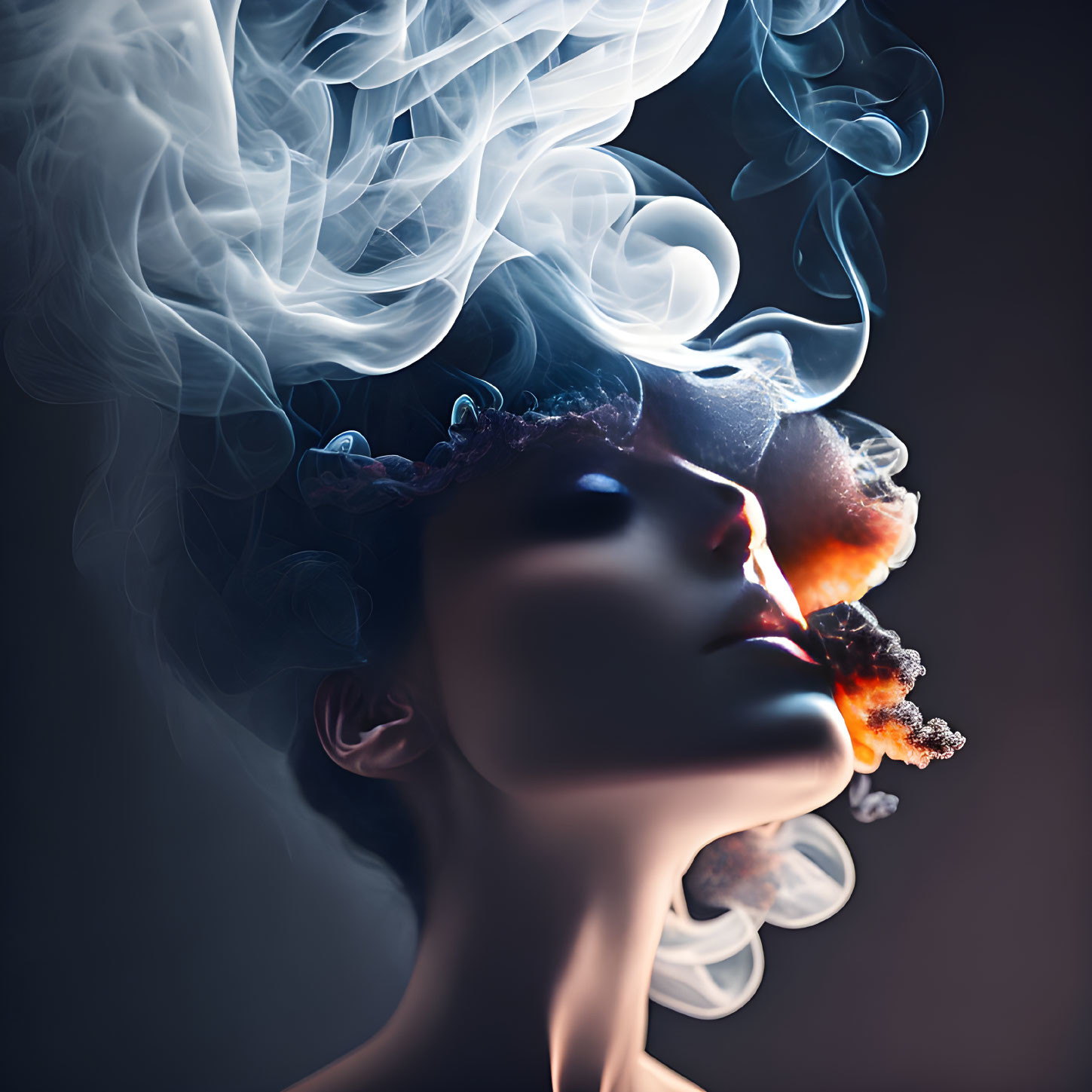 Surreal portrait with swirling smoke and ethereal light