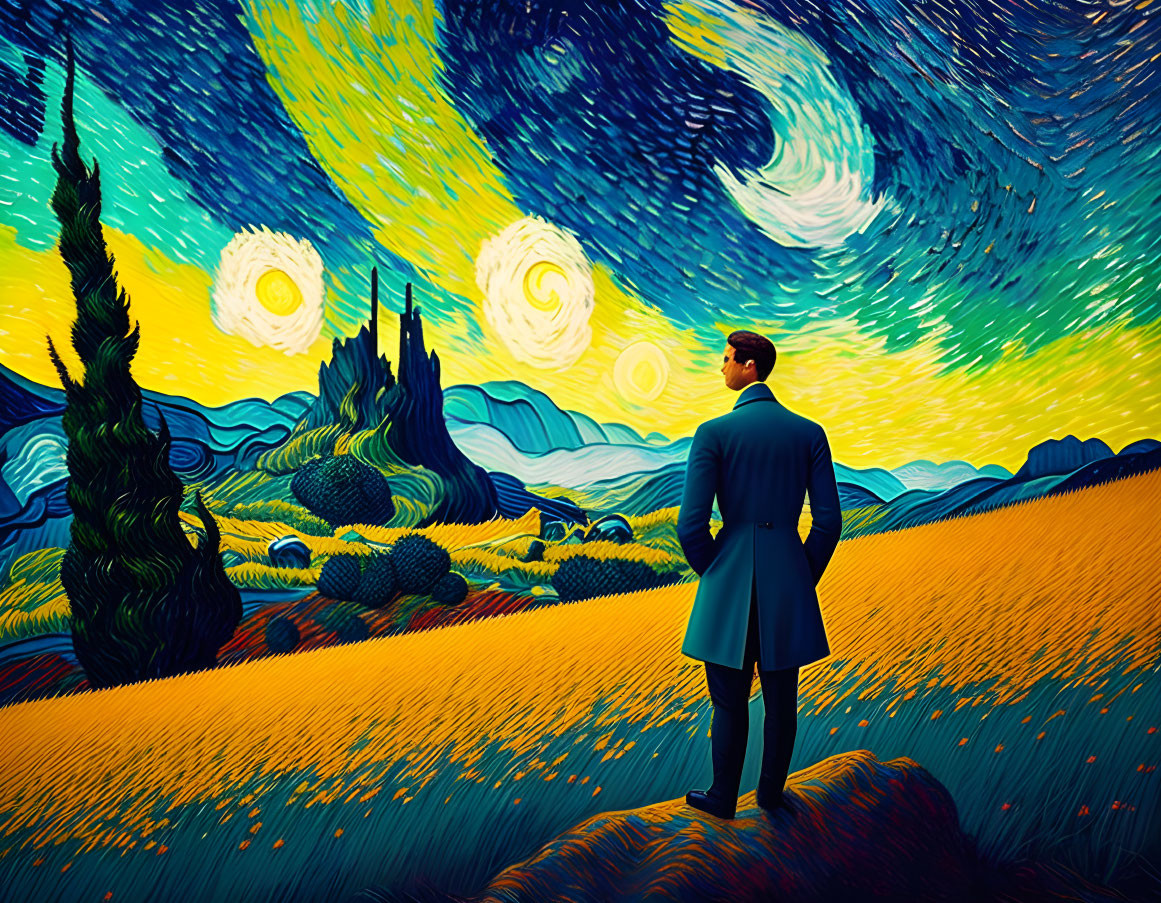 Man in Blue Suit in Van Gogh-Inspired Landscape with Starry Sky