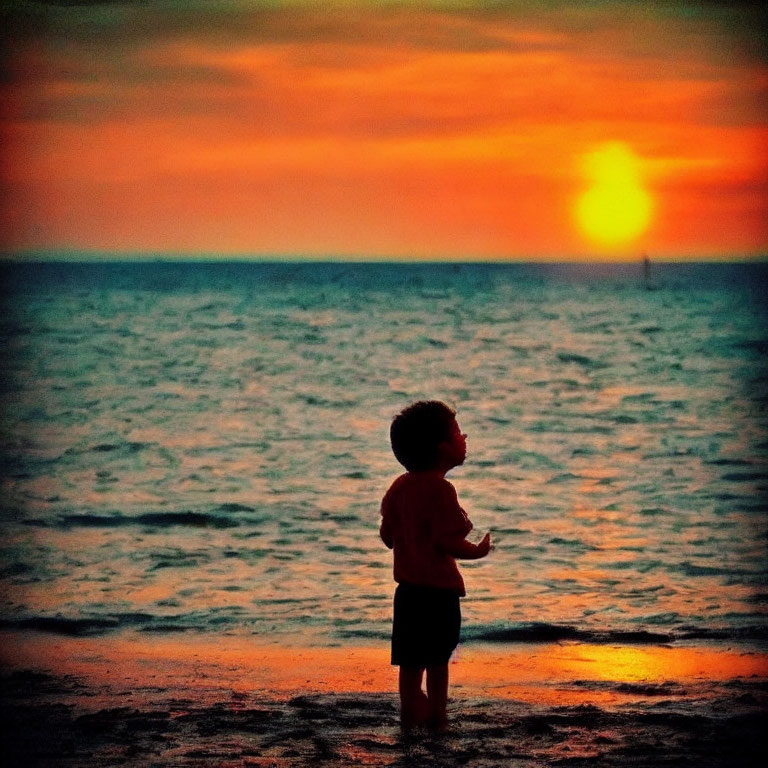 Child Silhouetted Against Vibrant Sunset at Beach