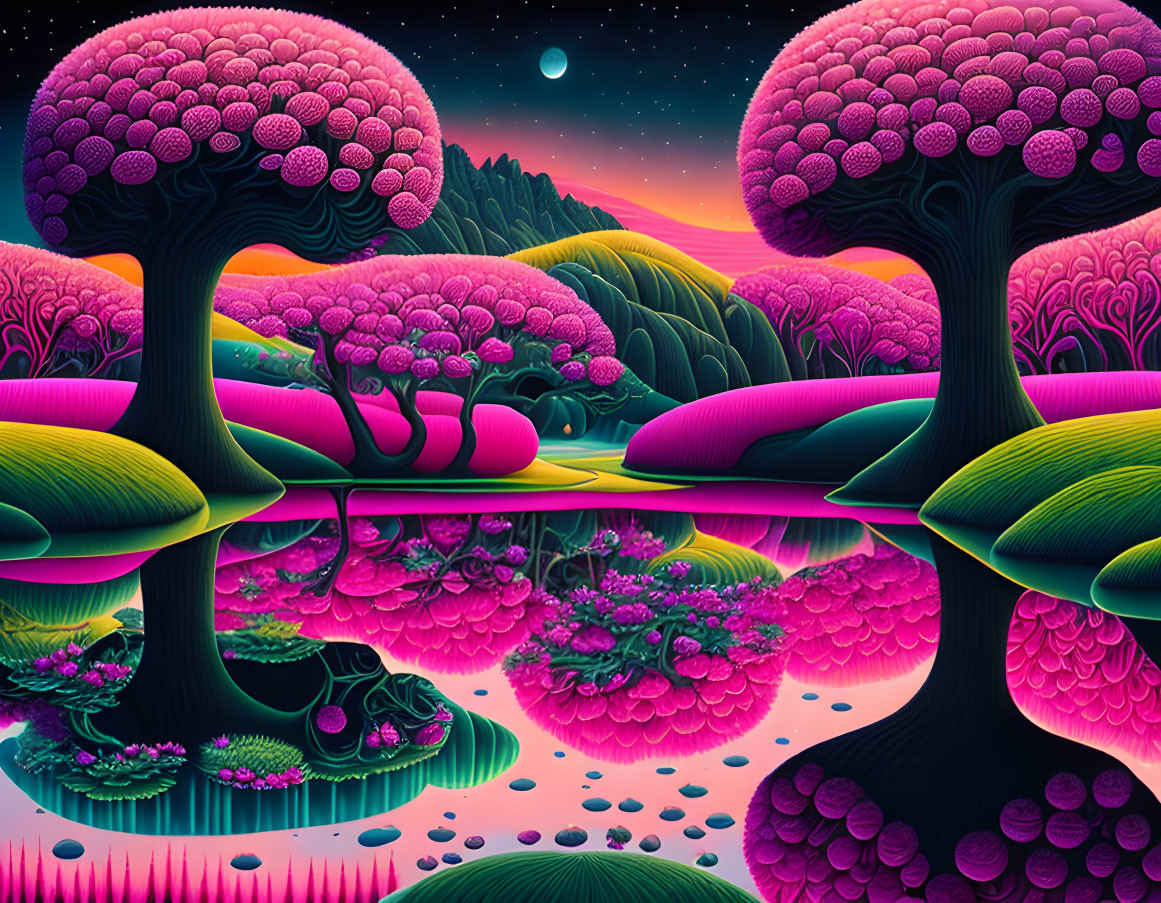 Psychedelic landscape with pink trees, green hills, crescent moon