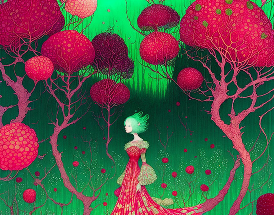 Whimsical illustration of pale figure in red dress among vibrant red trees