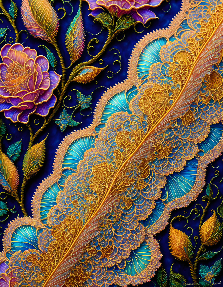 Detailed golden feather surrounded by stylized flowers and leaves in vibrant digital artwork