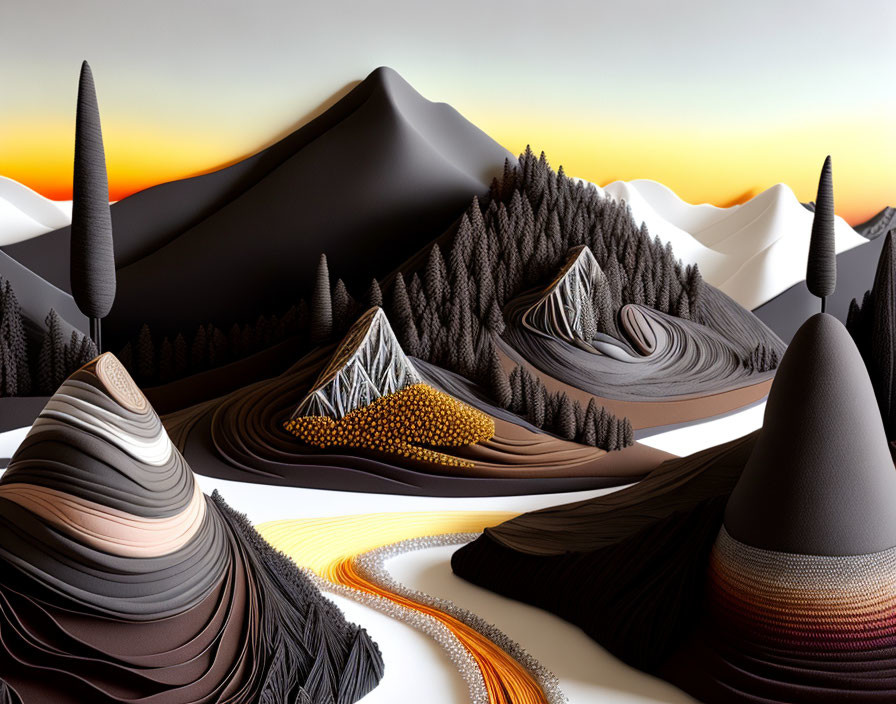 Stylized surreal landscape with swirling mountains and textured trees