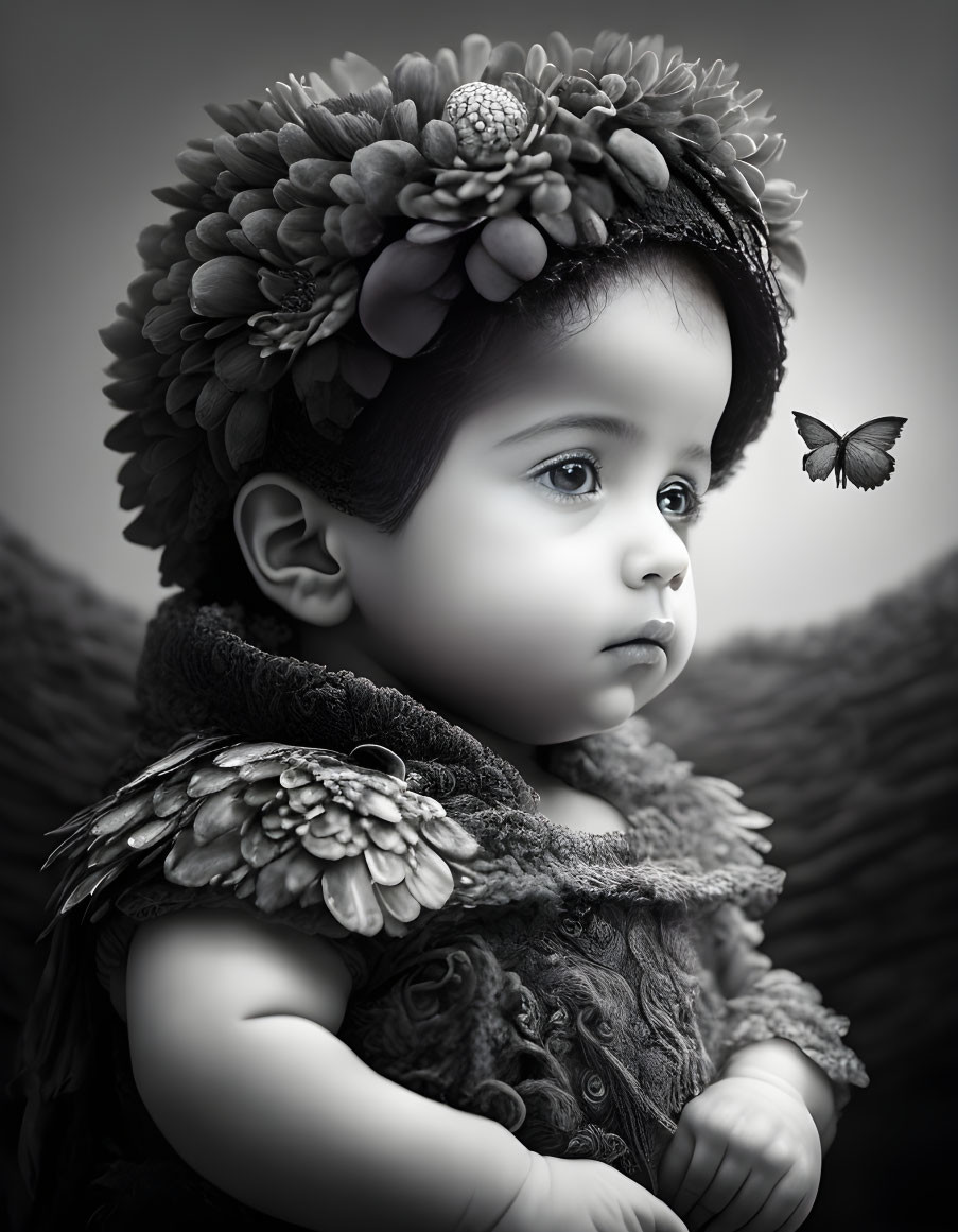 Monochrome image of child with floral headdress and butterfly in corner